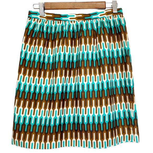 Milly Womens 6 Pencil Skirt 100% Silk Geometric Ikat Brown Green Cream Lined - Picture 2 of 6